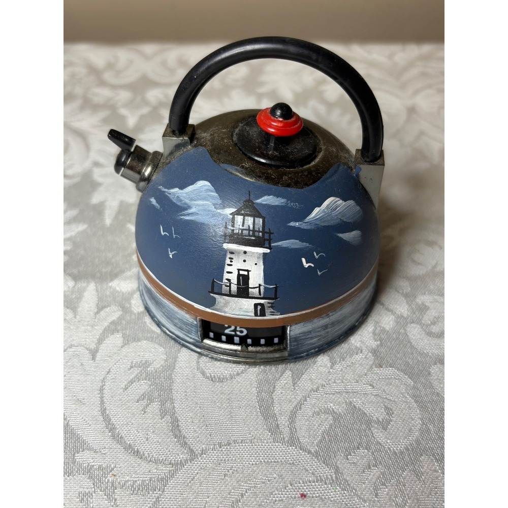 Hand Painted Lighthouse Tea Kettle Kitchen Timer Nautical Blue Metallic Vintage